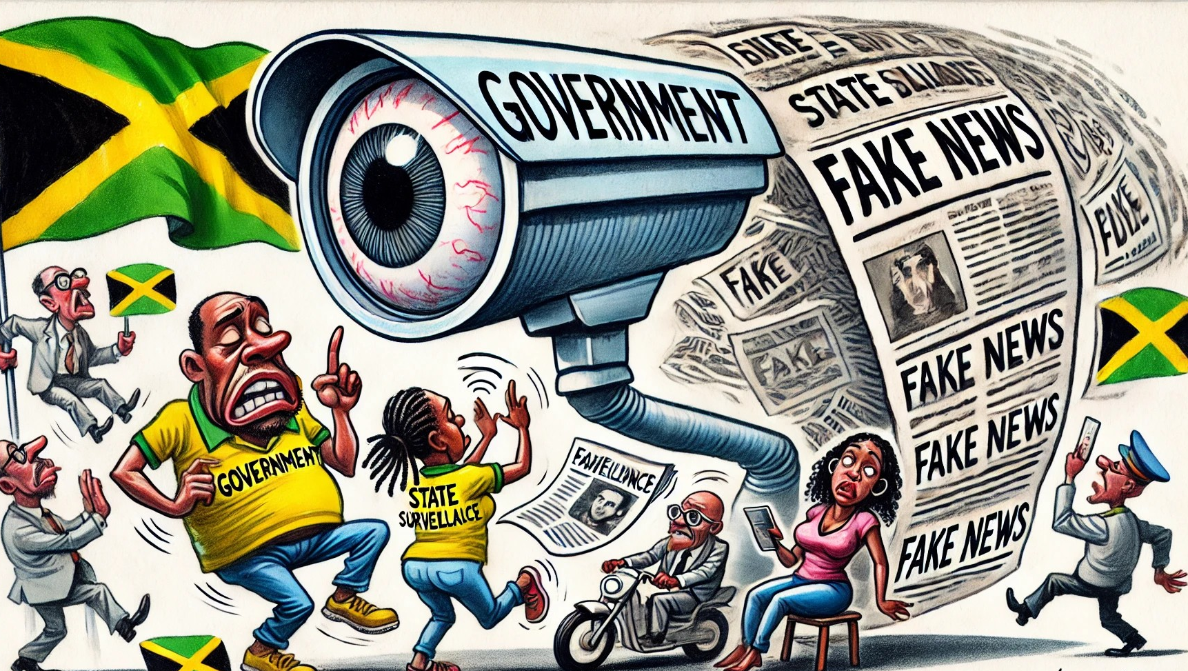 The image shows a figure labeled 'Government' represented by a large eye or surveillance camera, monitoring and tracking concerned and frustrated citizens. In the background, the Jamaican flag is visible, with exaggerated newspaper headlines and social media icons swirling around to depict the spread of fake news. The illustration captures the tension between state surveillance, misinformation, and the protection of democratic principles and privacy in Jamaica.