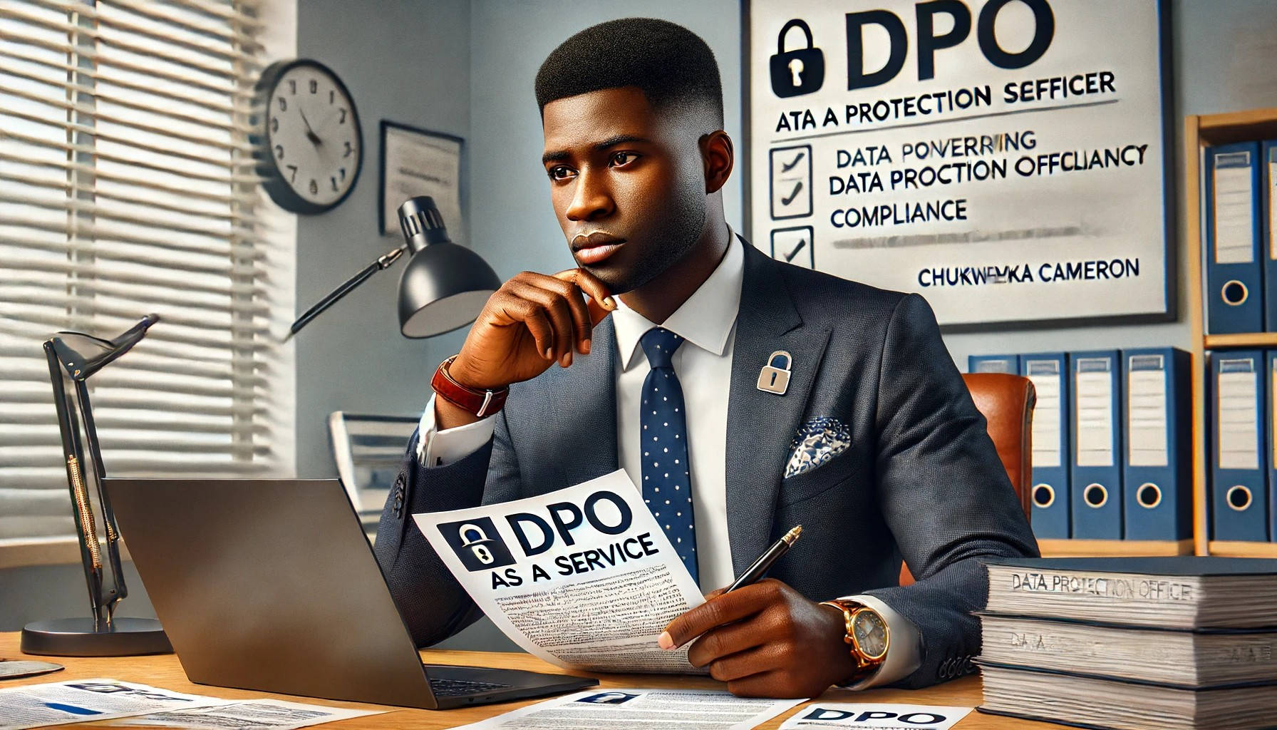 DPO in a professional office setting, reviewing documents on data protection compliance with a laptop and paperwork on the desk. A 'DPO as a Service' sign emphasizes the importance of a Data Protection Officer in overseeing data protection compliance.