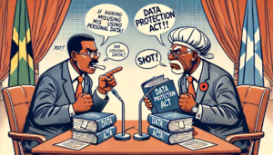 "Cartoon image of two Jamaican politicians in a heated debate about the Data Protection Act. One politician holds a large 'Data Protection Act' book while the other looks frustrated. The background is white, and the image includes subtle Jamaican cultural details such as a flag and typical attire."