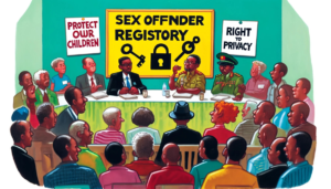 A community meeting discussing Jamaica's Sex Offender Registry. People are gathered around a table with signs in the background reading "Protect Our Children" and "Right to Privacy." The debate highlights the tension between public safety and privacy rights.