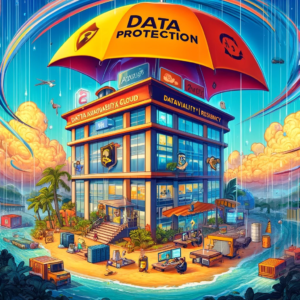 Colorful cartoon illustration of a large office building with data centers and cloud storage facilities surrounded by a hurricane. The image highlights data protection and resilience strategies, including redundant systems, cloud solutions, disaster recovery planning, regular drills, and robust infrastructure.