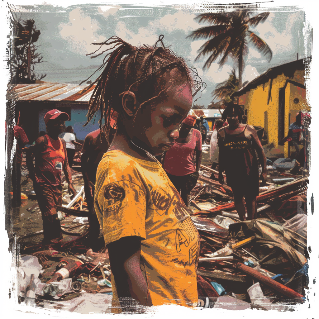 an engaging and compelling image that captures the essence of disaster relief efforts in Jamaica following a devastating hurricane. 