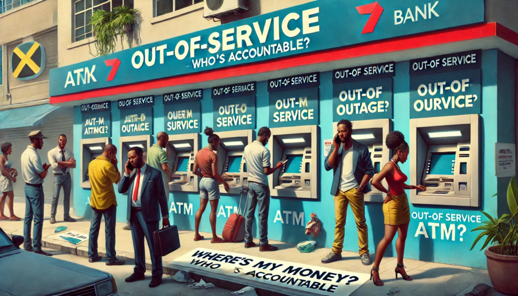 Here is the image capturing the essence of the blog post, highlighting the frustration and urgency surrounding ATM outages in Jamaica. The scene illustrates the impact on consumers and the call for accountability from banks.